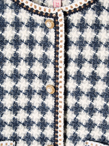 Ines Blue and White Dogstooth Boucle Jacket