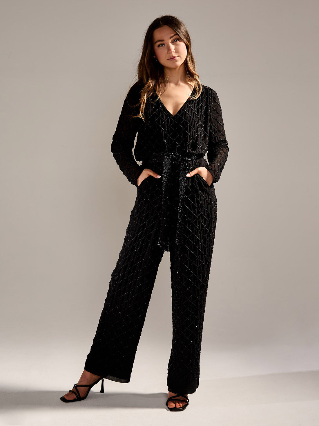 GWD Jade Black Chiffon Long Sleeve Beaded Jumpsuit