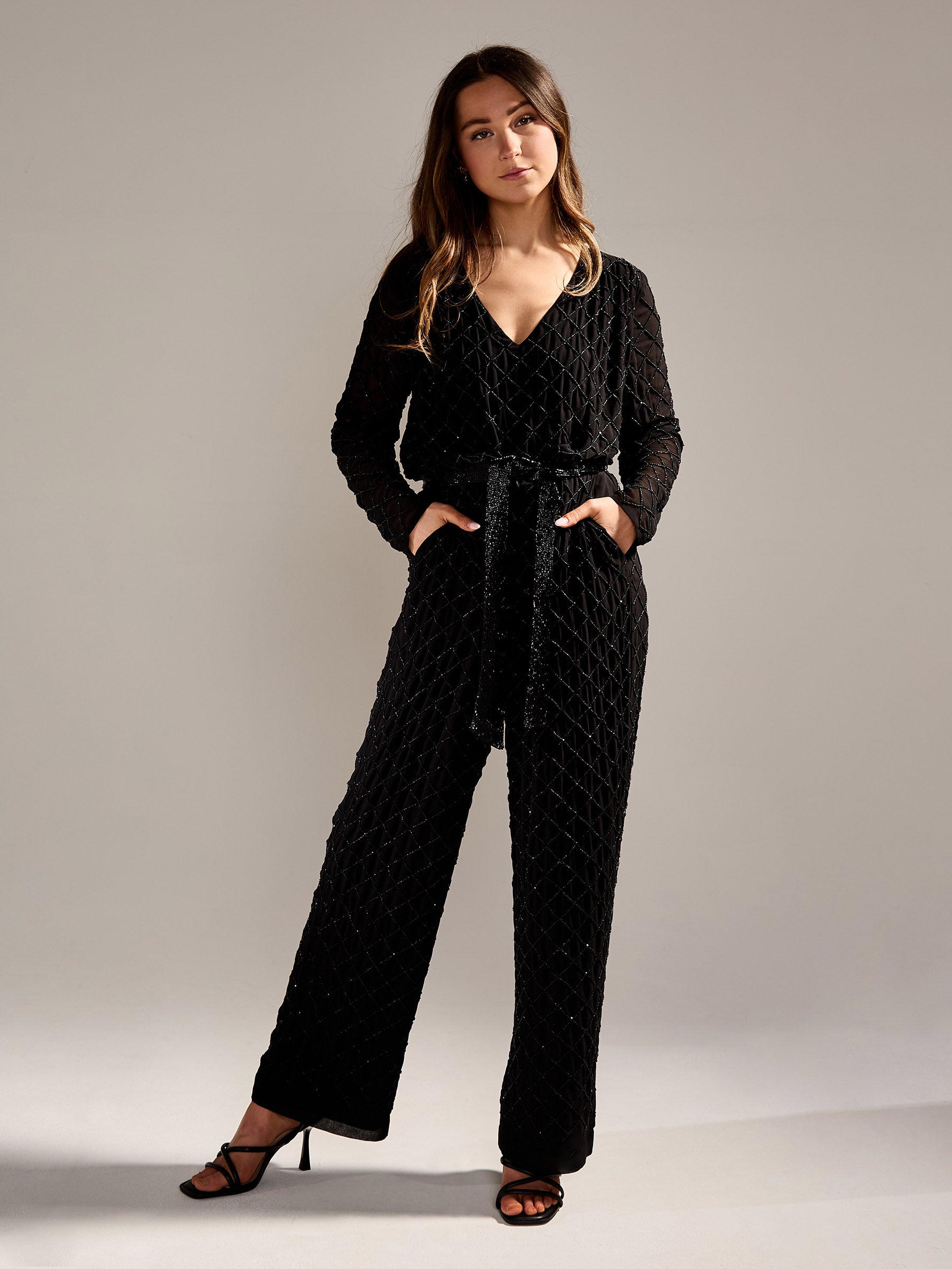 GWD Jade Black Chiffon Long Sleeve Beaded Jumpsuit