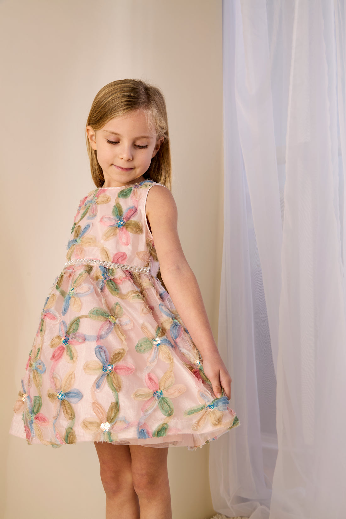 GWD Petal Dress – Multi Floral Organza Party Dress with Pearl Waistband