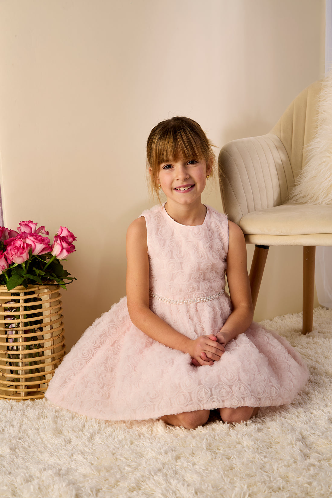 GWD Rebecca Flower Dress – Pale Pink 3D Floral Party Dress with Pearl Waistband