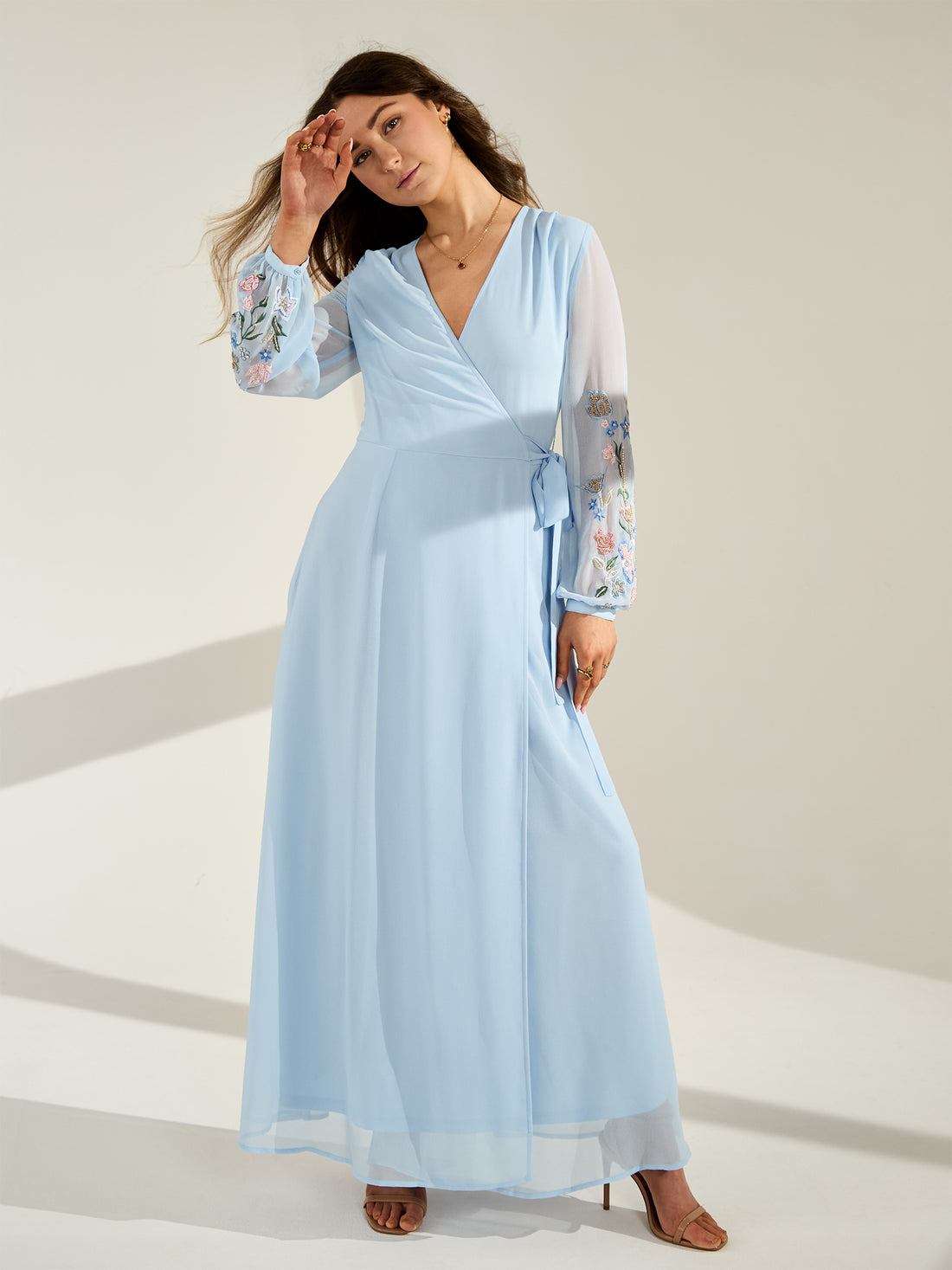 GWD Reena Wrap-Style Embroidered Blue Maxi Dress