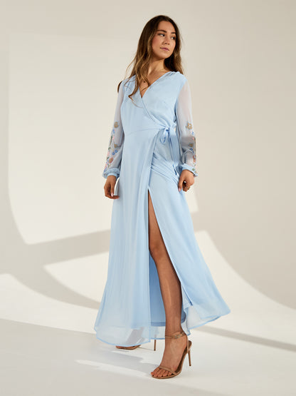 GWD Reena Wrap-Style Embroidered Blue Maxi Dress