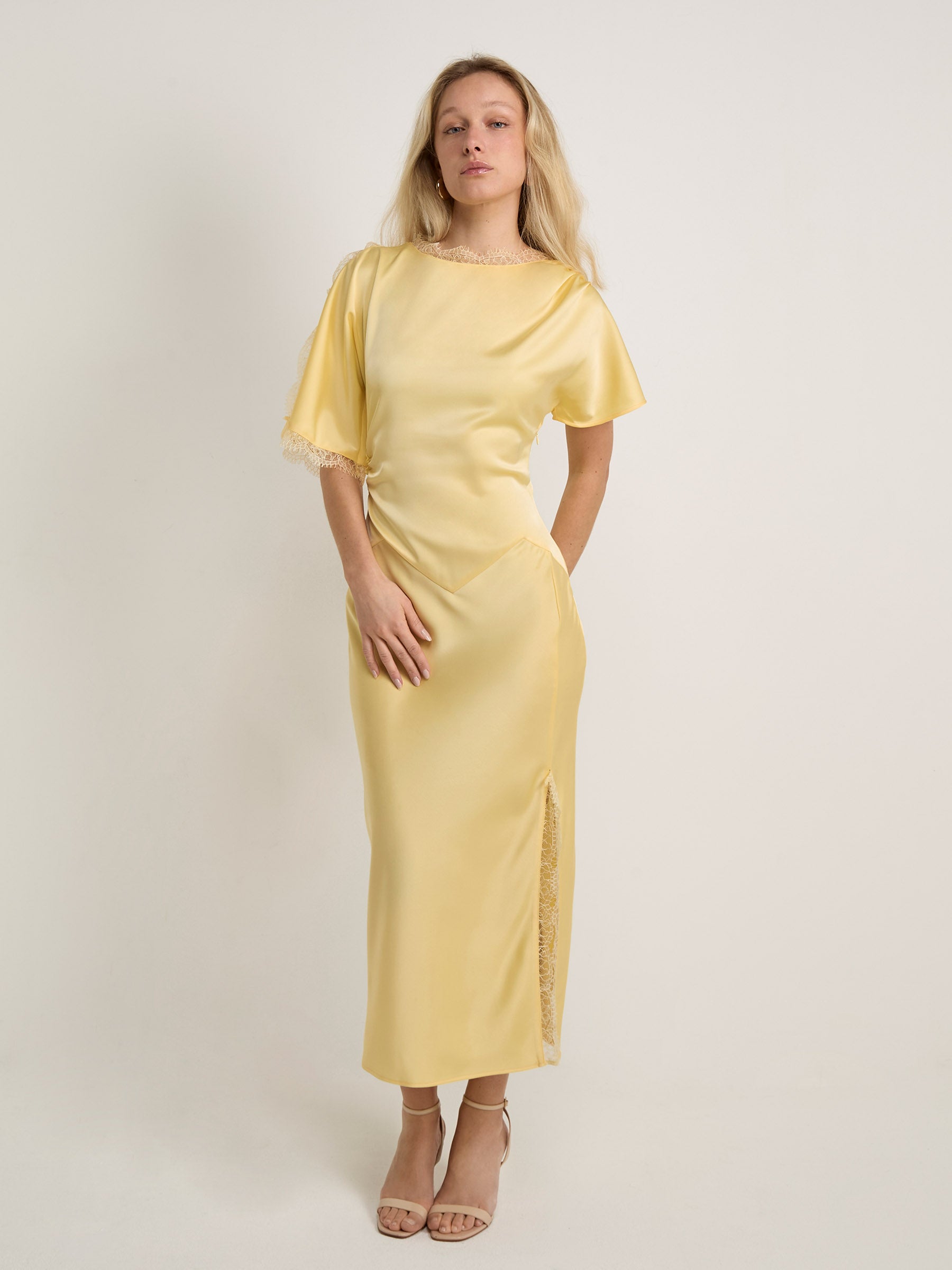 GWD Rowana Yellow Satin Lace Detail Maxi Dress