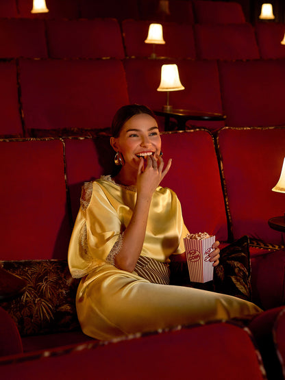 GWD Rowana Yellow Satin Lace Detail Maxi Dress