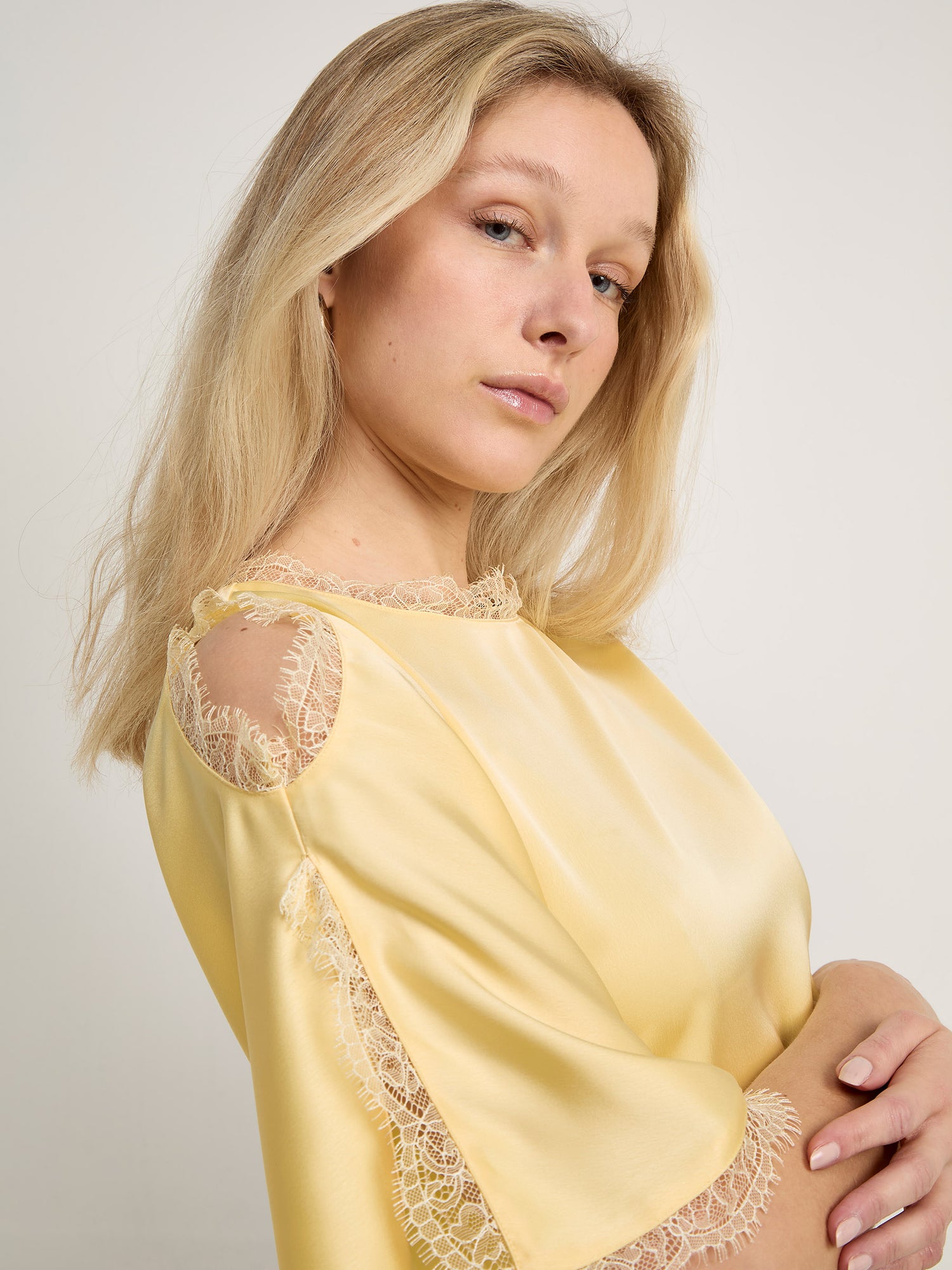 GWD Rowana Yellow Satin Lace Detail Maxi Dress