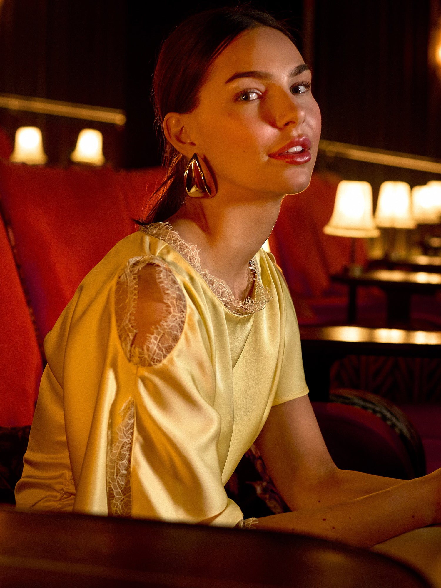 GWD Rowana Yellow Satin Lace Detail Maxi Dress