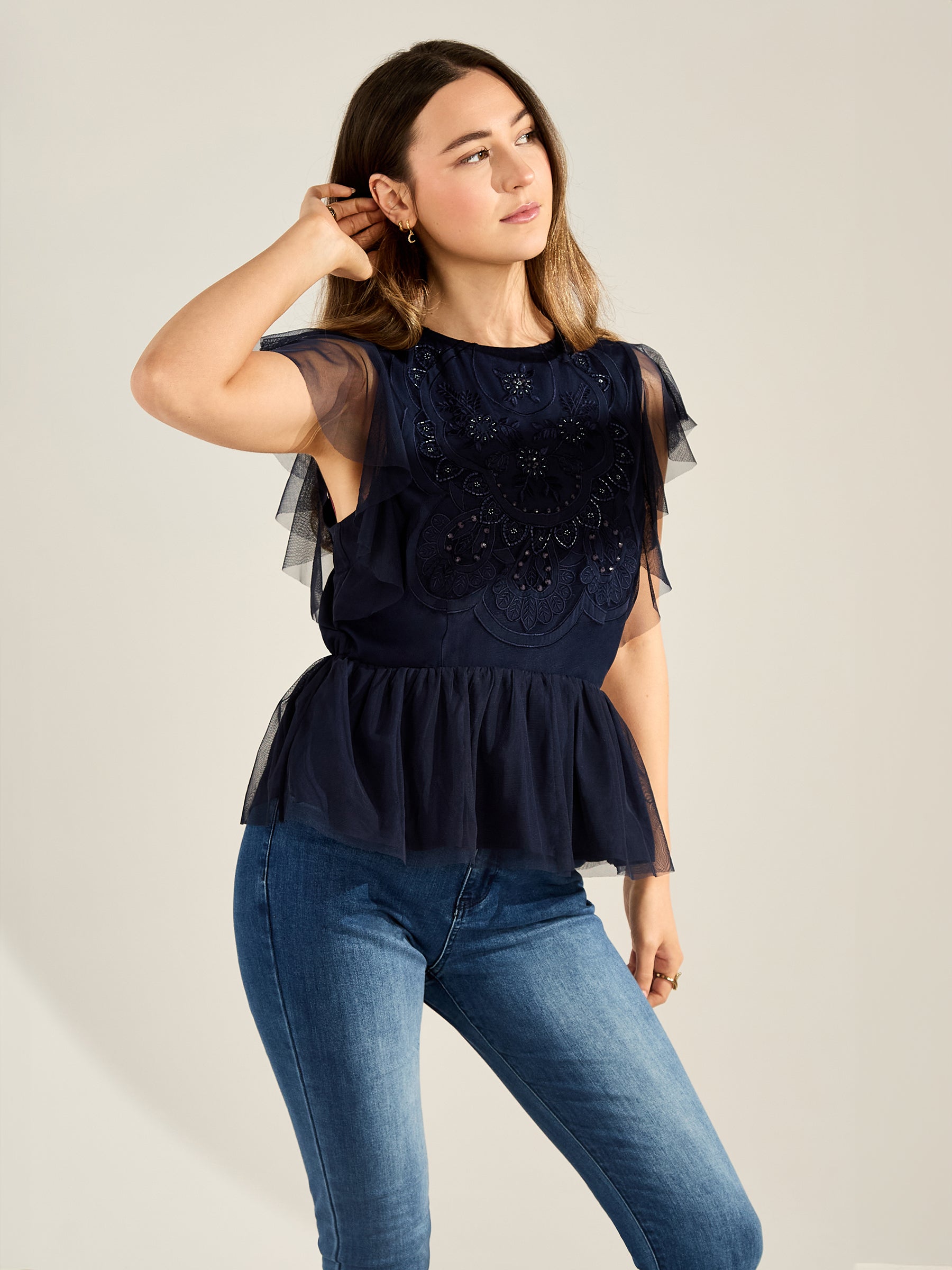 GWD Zoey Sparkle Navy Mesh Embellished Top