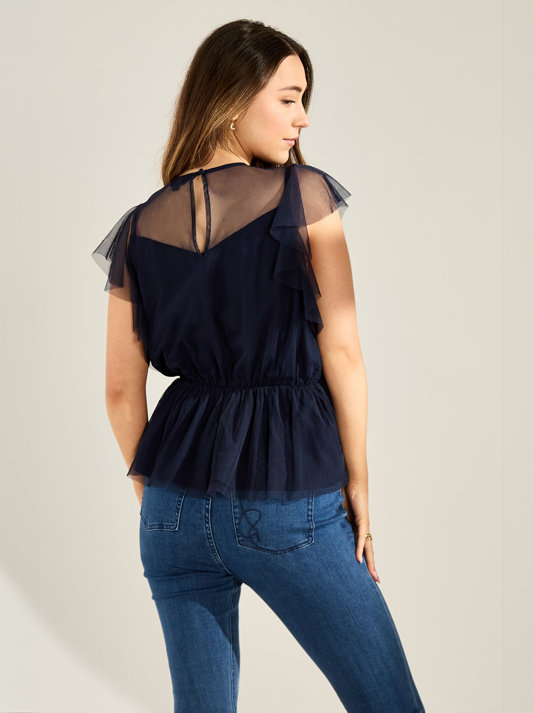 GWD Zoey Sparkle Navy Mesh Embellished Top