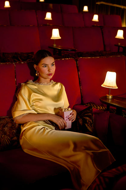 GWD Rowana Yellow Satin Lace Detail Maxi Dress