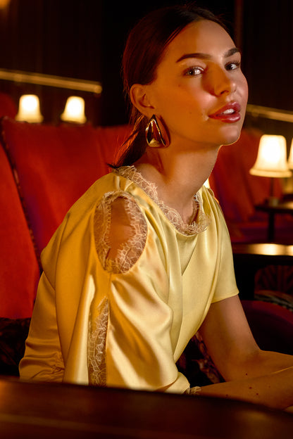 GWD Rowana Yellow Satin Lace Detail Maxi Dress