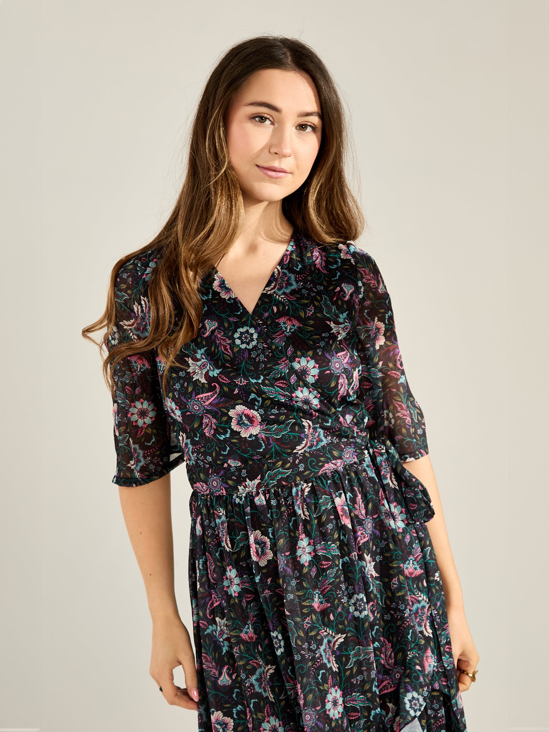 GWD Cayla Folk Floral Printed Midi Wrap Dress