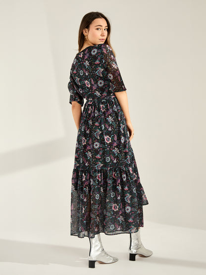 GWD Cayla Folk Floral Printed Midi Wrap Dress