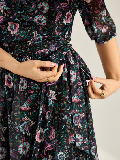 GWD Cayla Folk Floral Printed Midi Wrap Dress