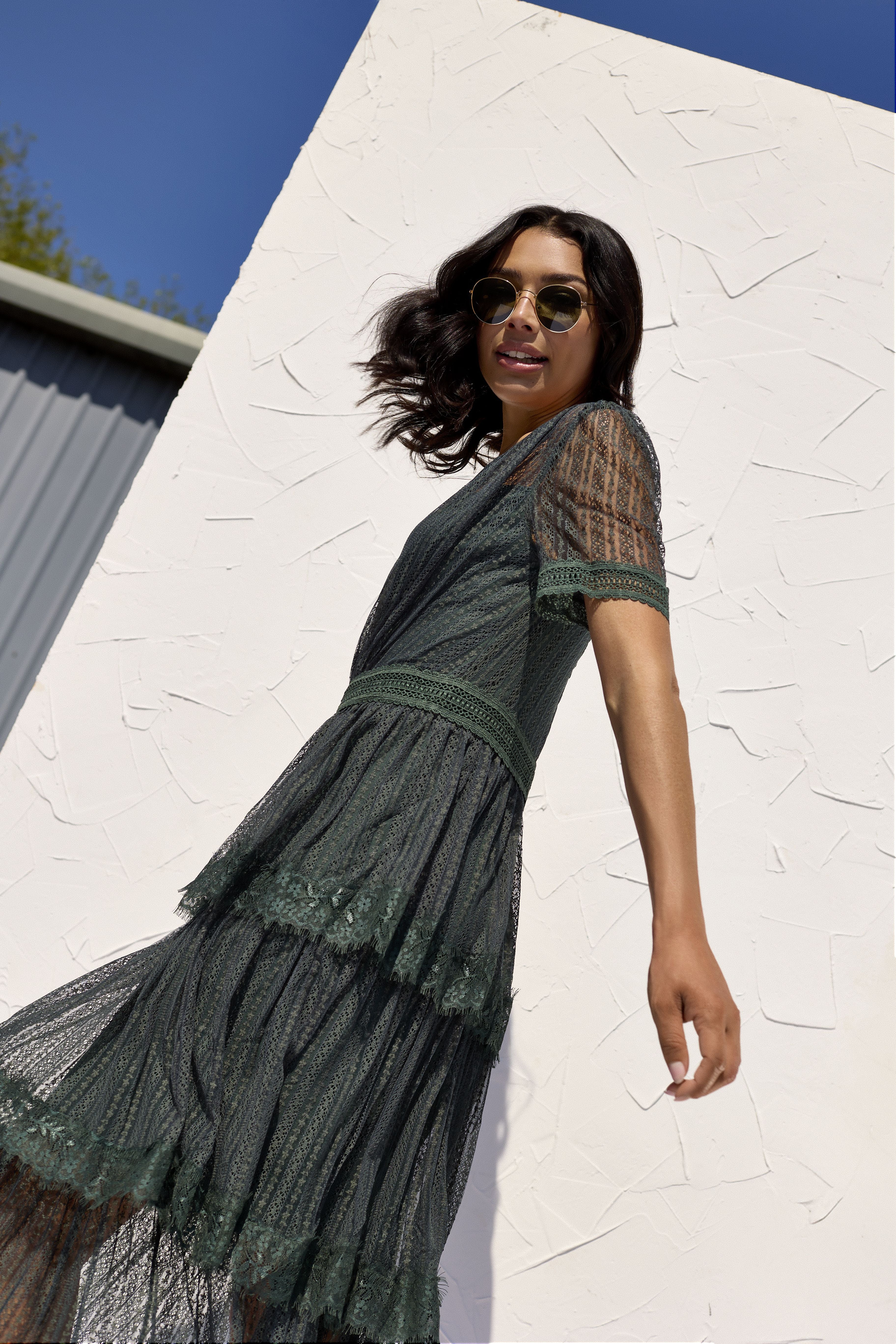 GWD Ariella Green Maxi Lace V-Neck Tiered Dress