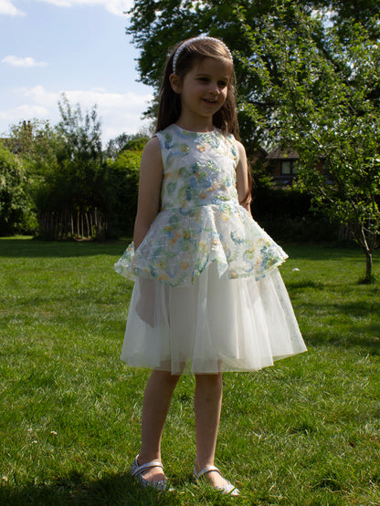 GWD Forest Fairy Dress – White Floral Appliqué Peplum Party Dress for Girls