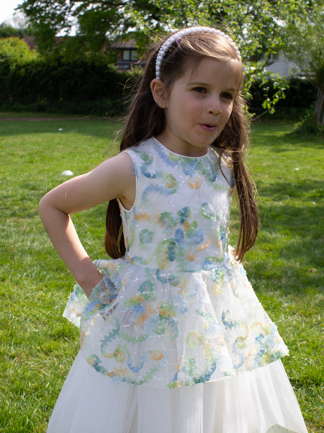 GWD Forest Fairy Dress – White Floral Appliqué Peplum Party Dress for Girls