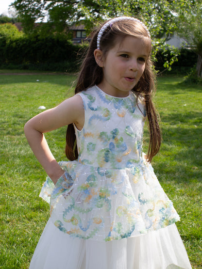 GWD Forest Fairy Dress – White Floral Appliqué Peplum Party Dress for Girls