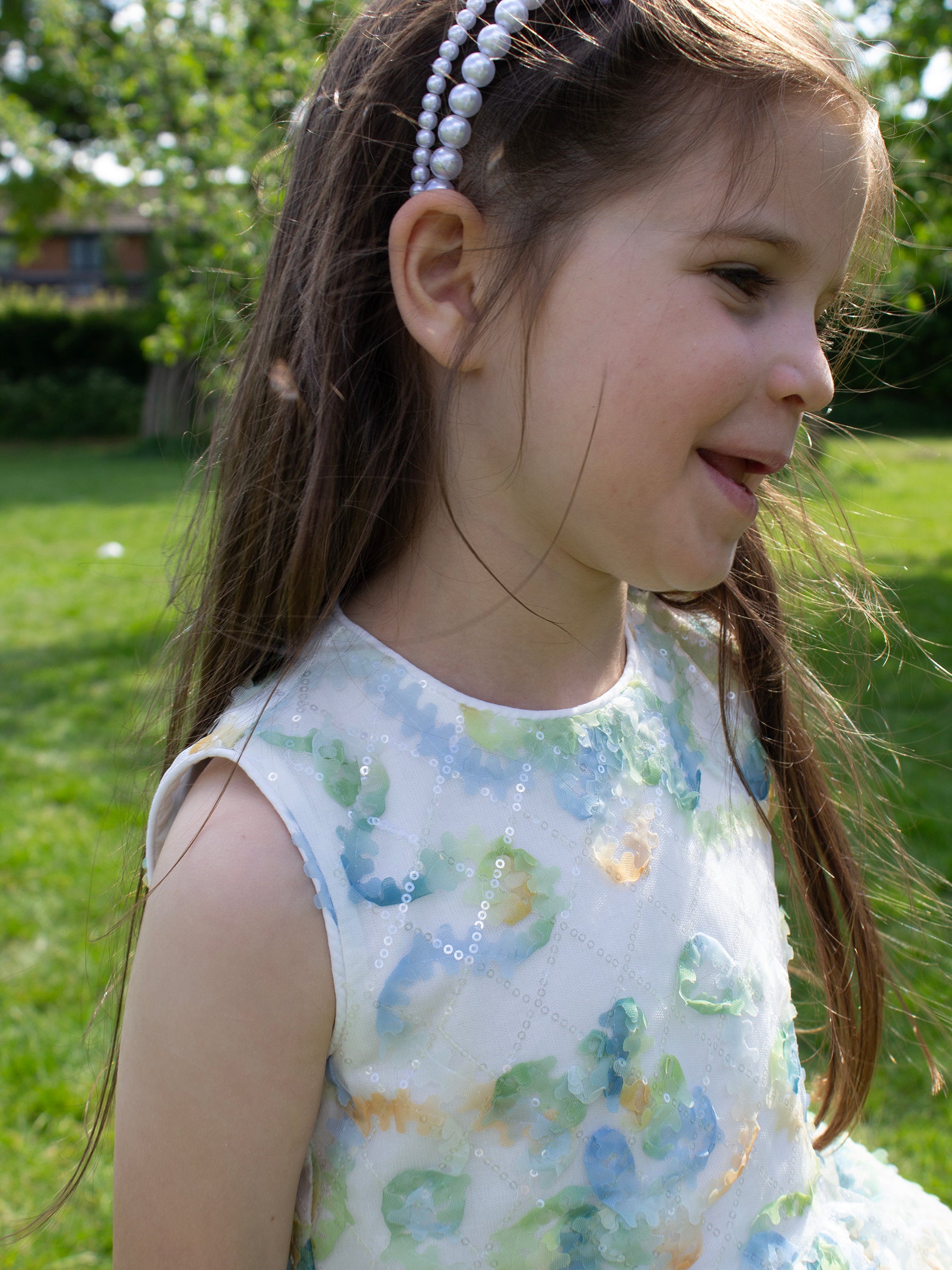 GWD Forest Fairy Dress – White Floral Appliqué Peplum Party Dress for Girls