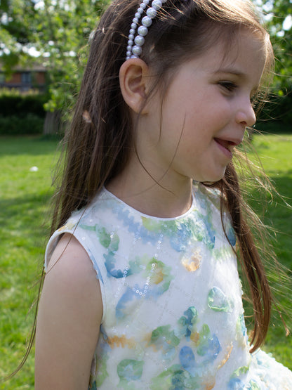 GWD Forest Fairy Dress – White Floral Appliqué Peplum Party Dress for Girls