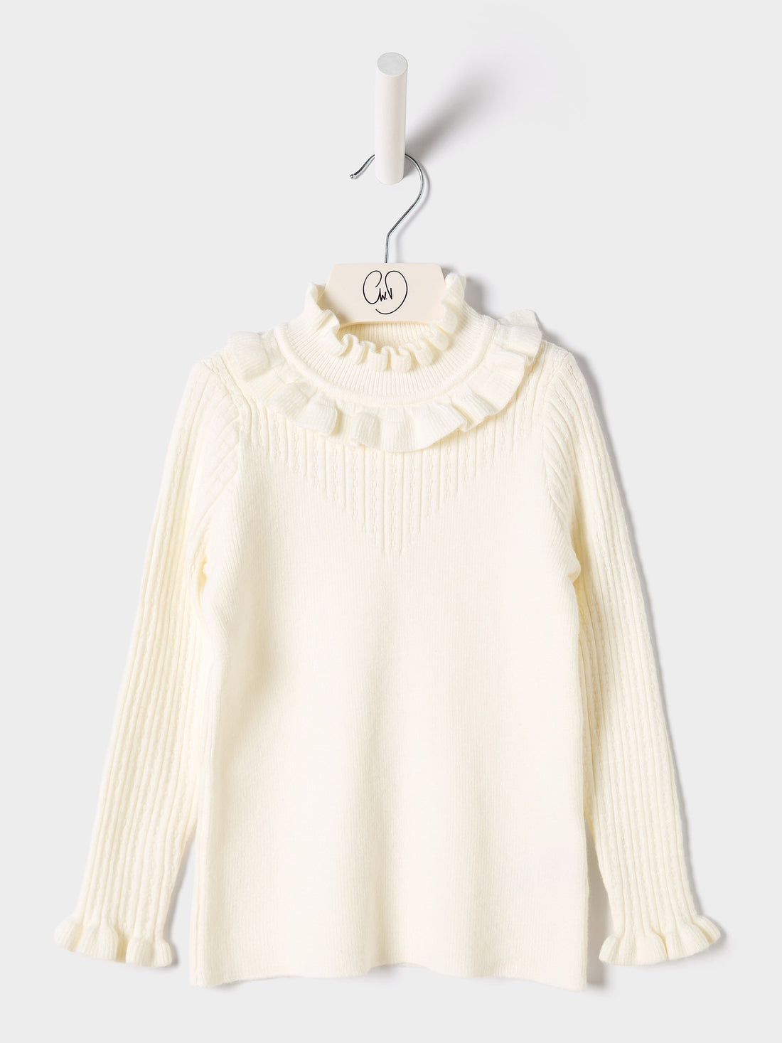 Girls Faye Knitted Top Ruffle Neck  Rib Jumper Available in Black and Cream