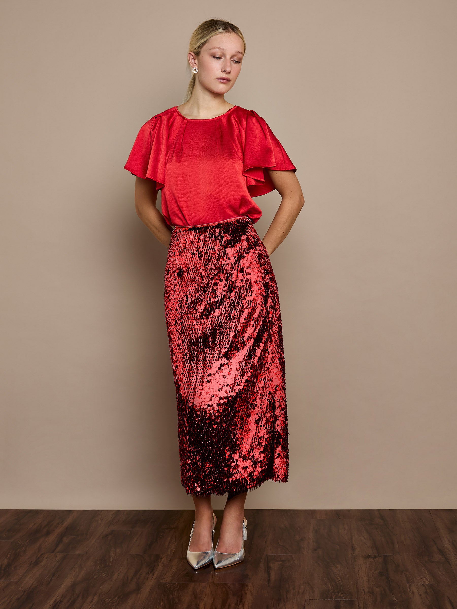 Simone Midi Sequin Skirt Red