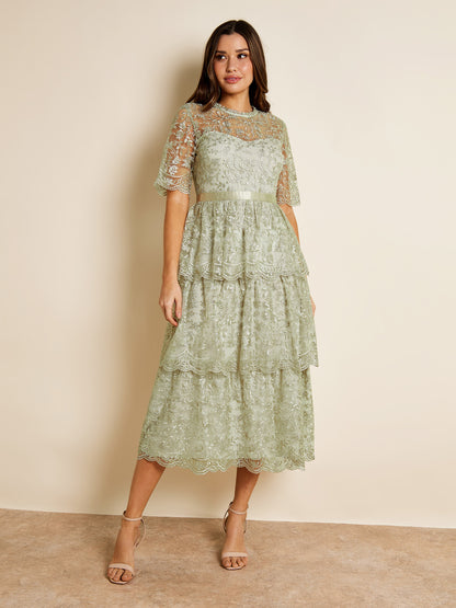 Saffron Embroidered Lace Midi Dress