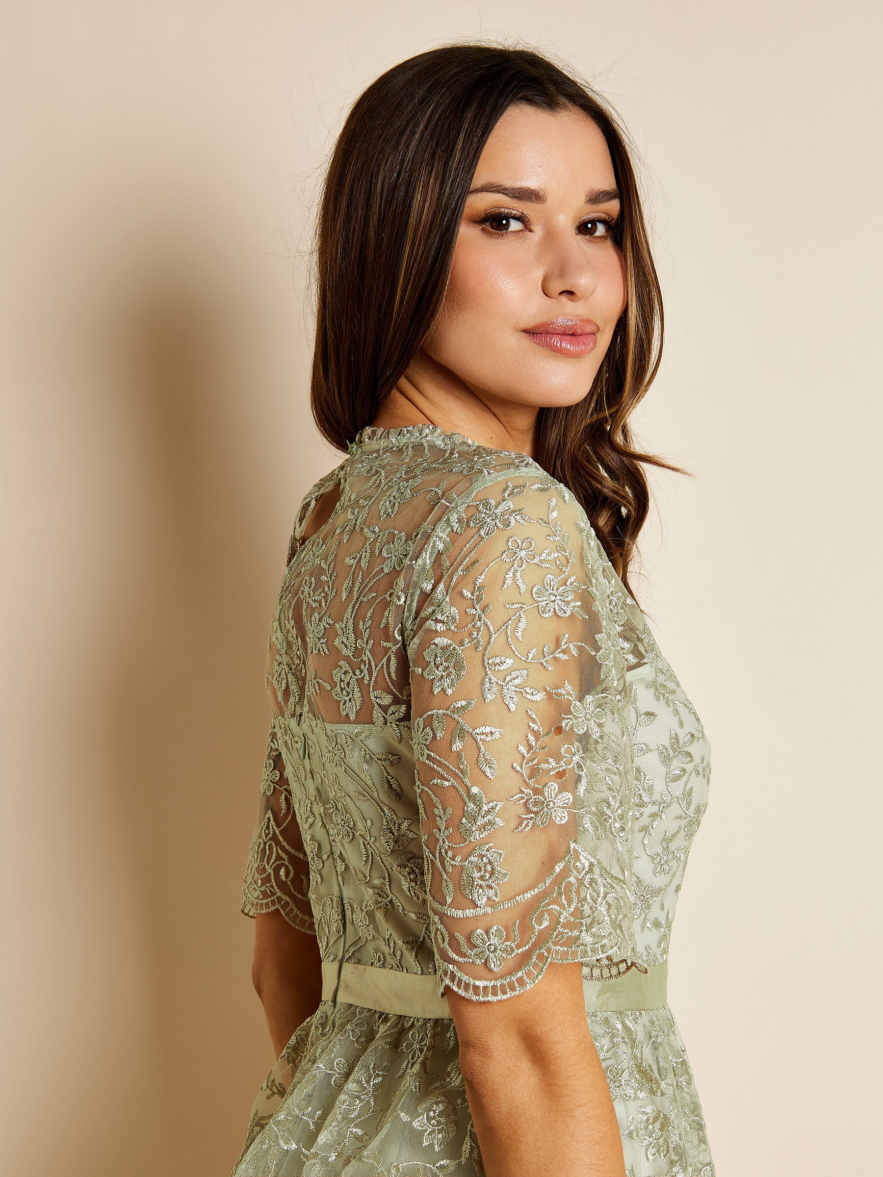 Saffron Embroidered Lace Midi Dress