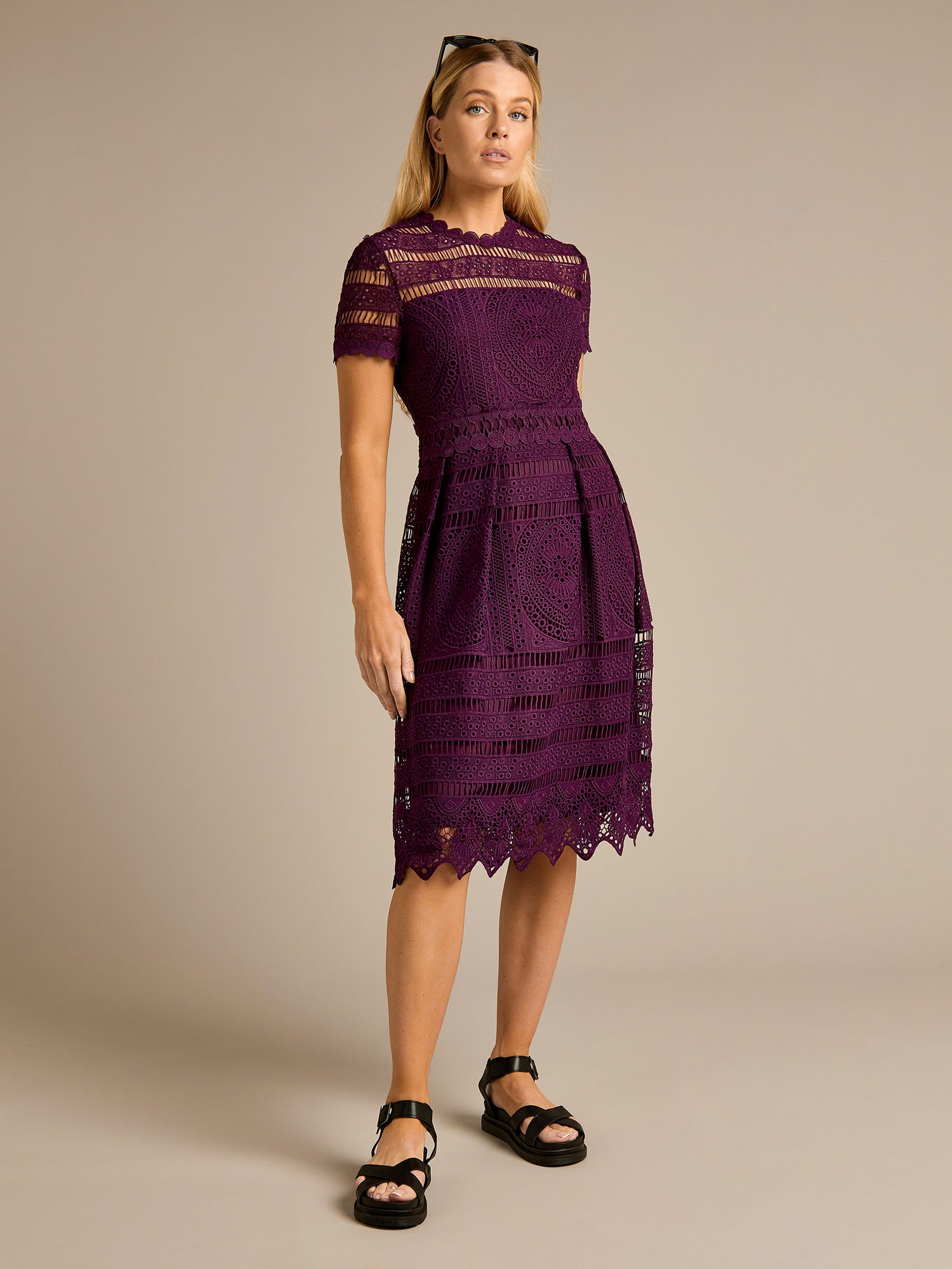 Nicola All-over Lace Purple Knee Length Dress