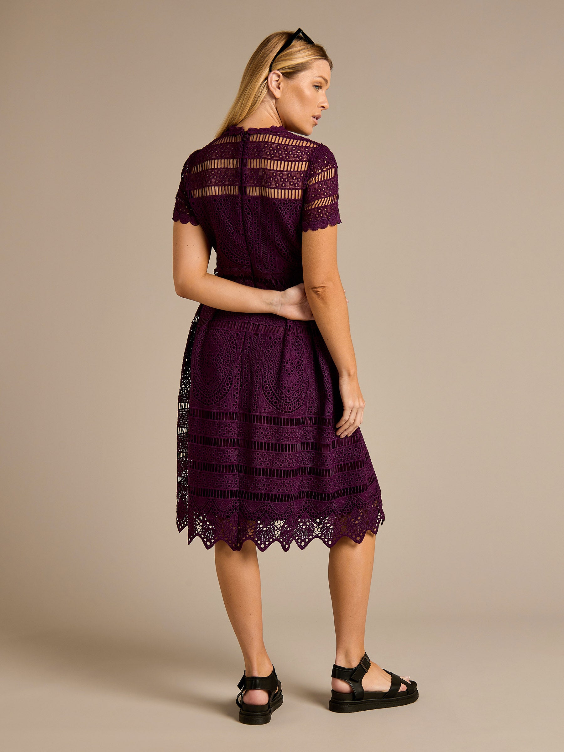 Nicola All-over Lace Purple Knee Length Dress | GWD Fashion