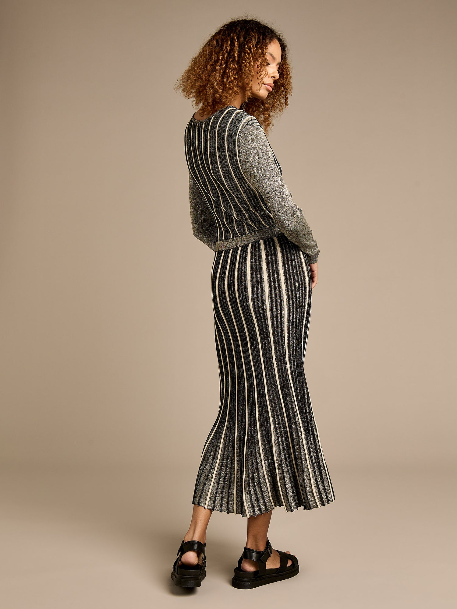 Eliza Striped Metallic Knitted Midi Dress