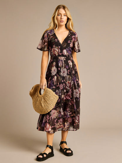 Kimmie Jacquard Floral Print Midi Dress | GWD Fashion