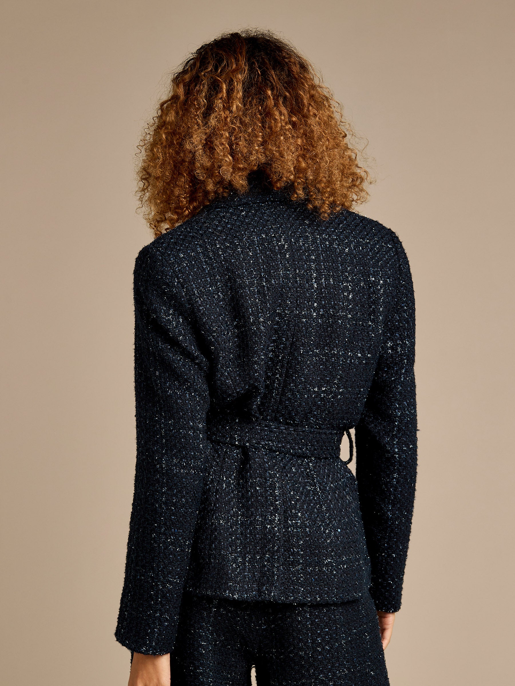 Claire Boucle Navy Tie Jacket and Wide Leg Trouser Outfit