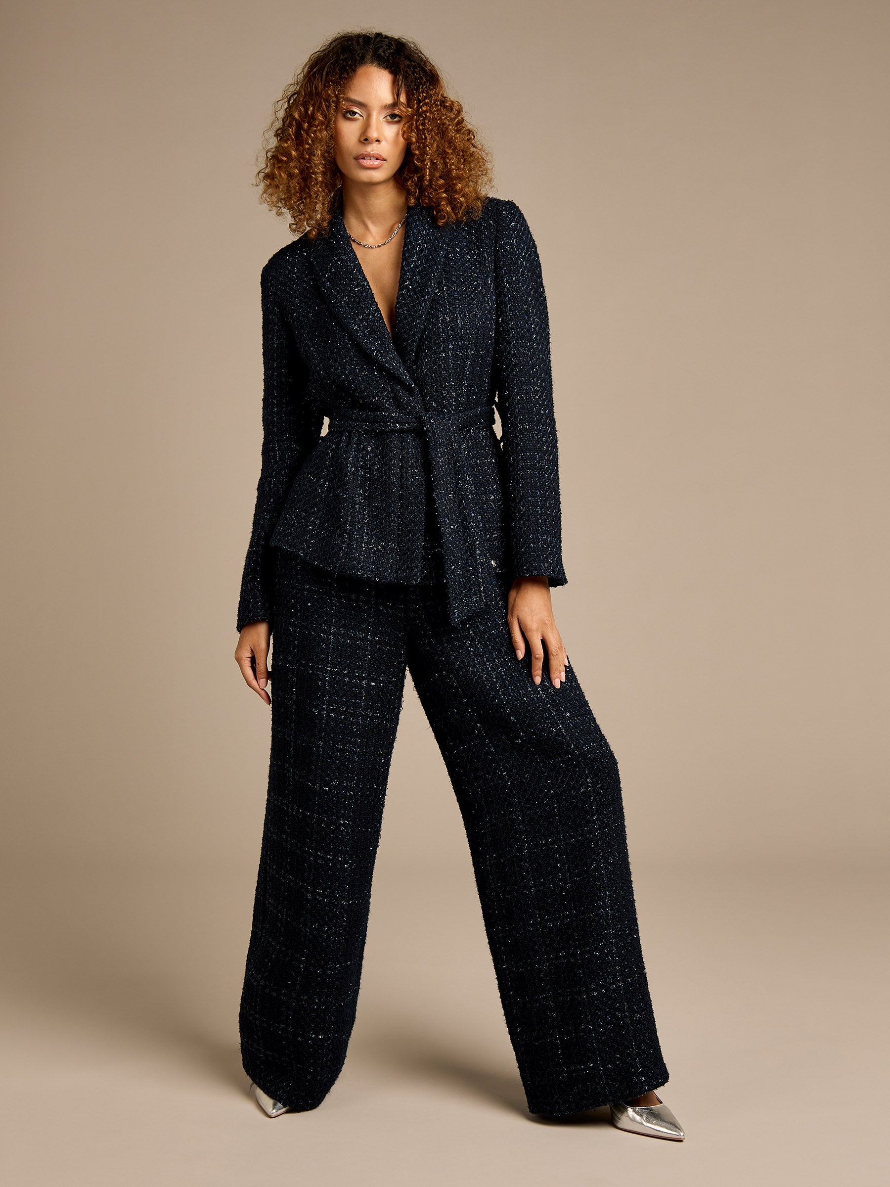 Claire Boucle Navy Tie Jacket and Wide Leg Trouser Outfit | GWD Fashion