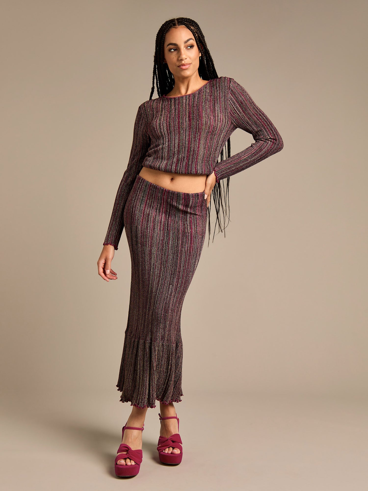 Jessica Striped Knitted Top and Midi Skirt Outfit | GWD Fashion