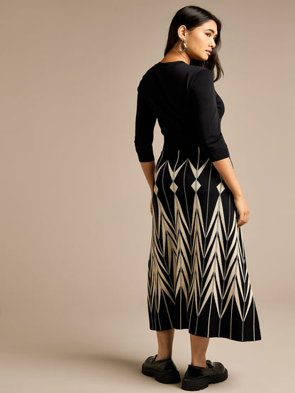 Clover Geo Print Knitted Black Midi Dress