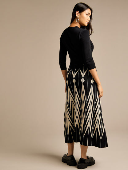 GWD Clover Geo Print Knitted Black Midi Dress