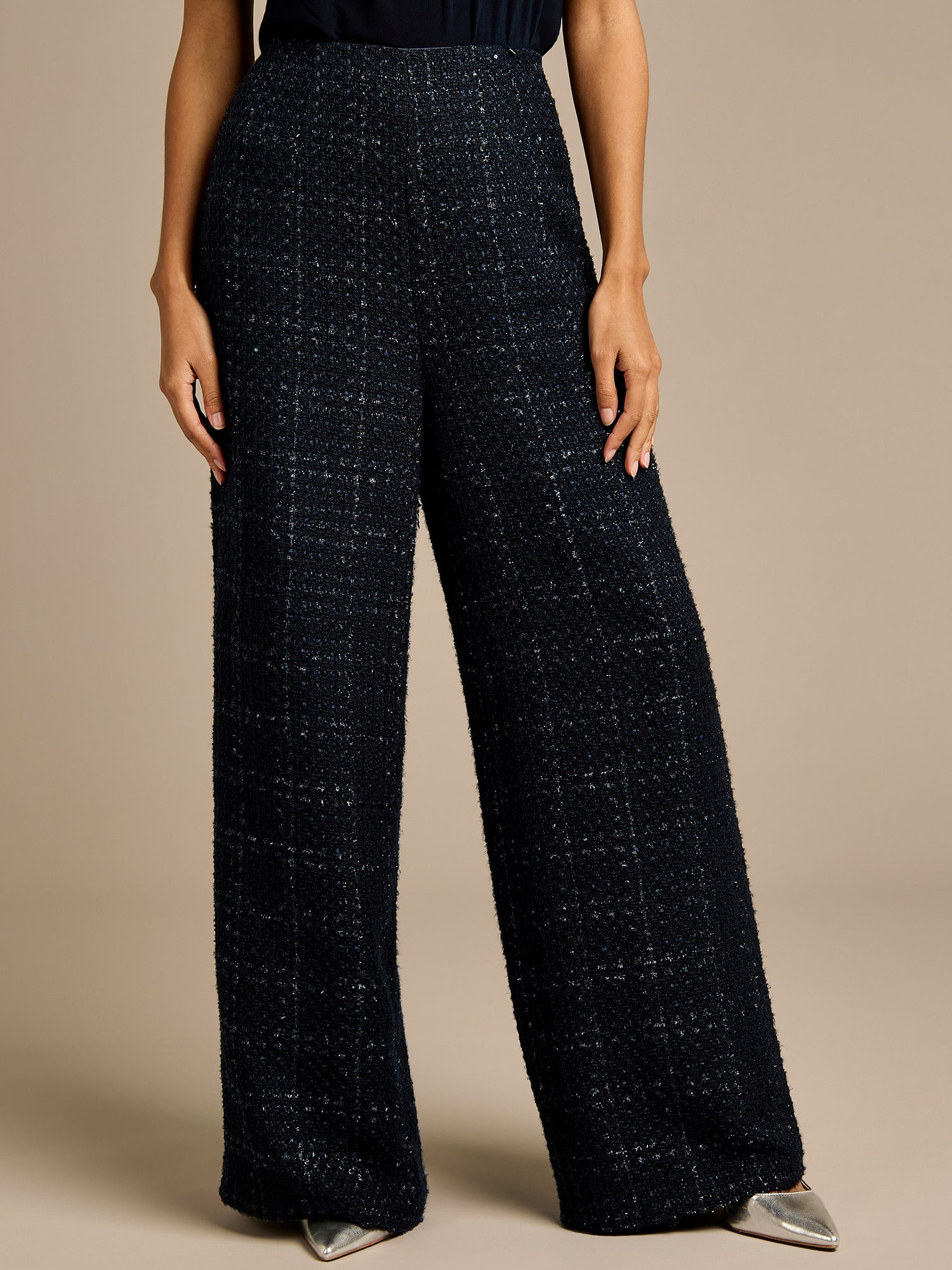 Claire Boucle Navy Tie Jacket and Wide Leg Trouser Outfit