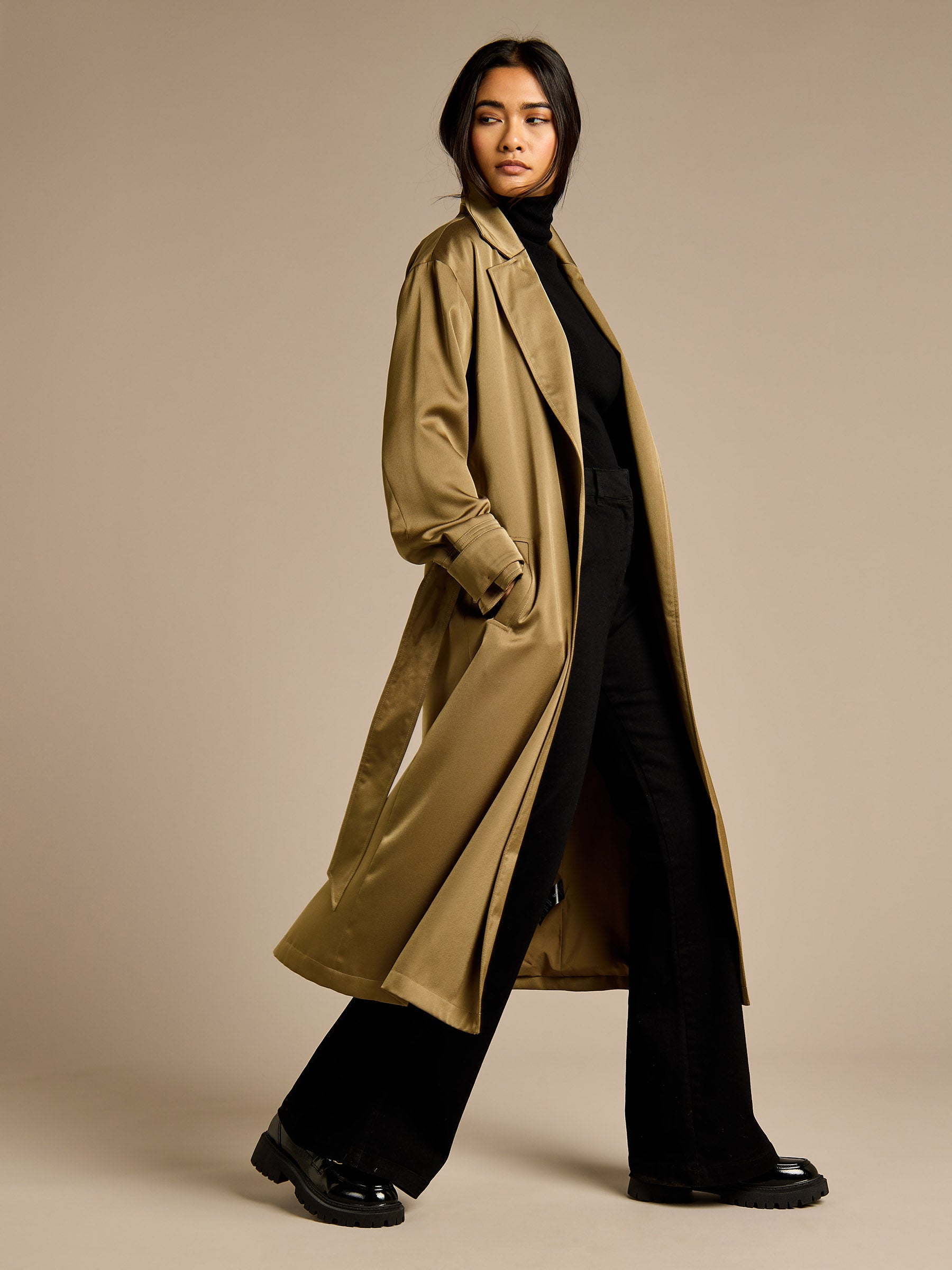 Francine Khaki Tie Waist Trench Coat | GWD Fashion