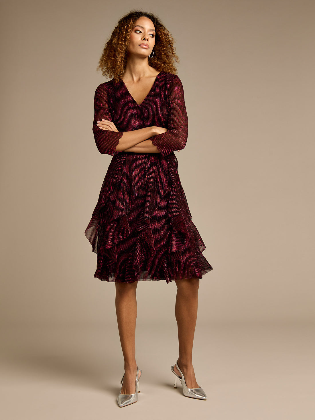 GWD Emory Metallic Sparkle Frill Knee Length Dress