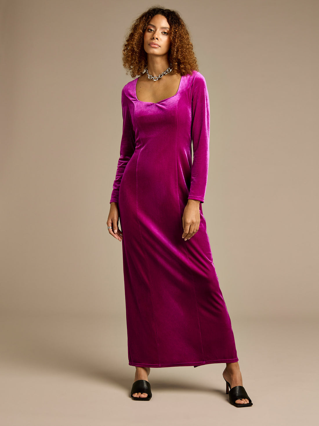 Mary Stretch Velvet Magenta Maxi Dress