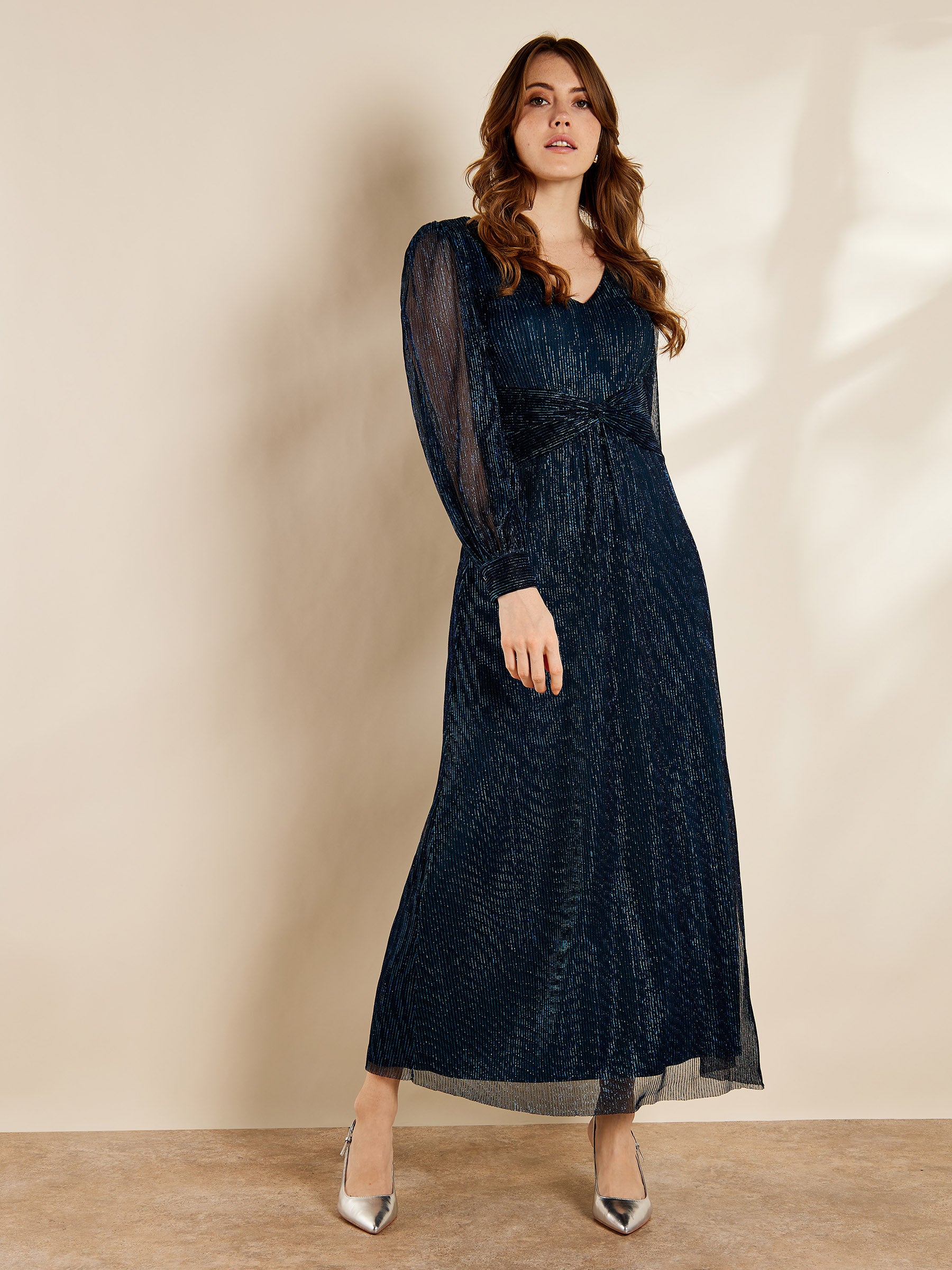 Eloise Metallic Plisse Blue Maxi Dress