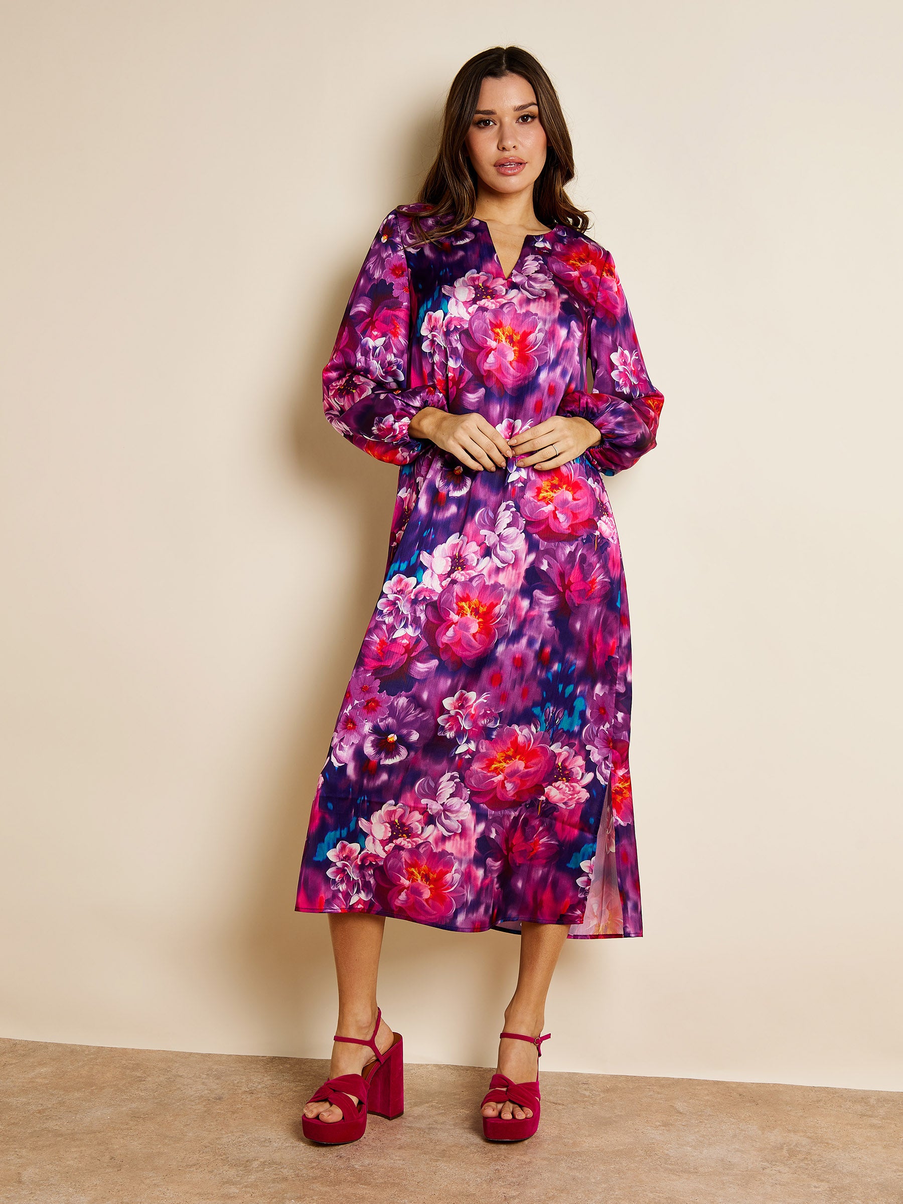 Mila Floral Print Midi length Satin Kaftan