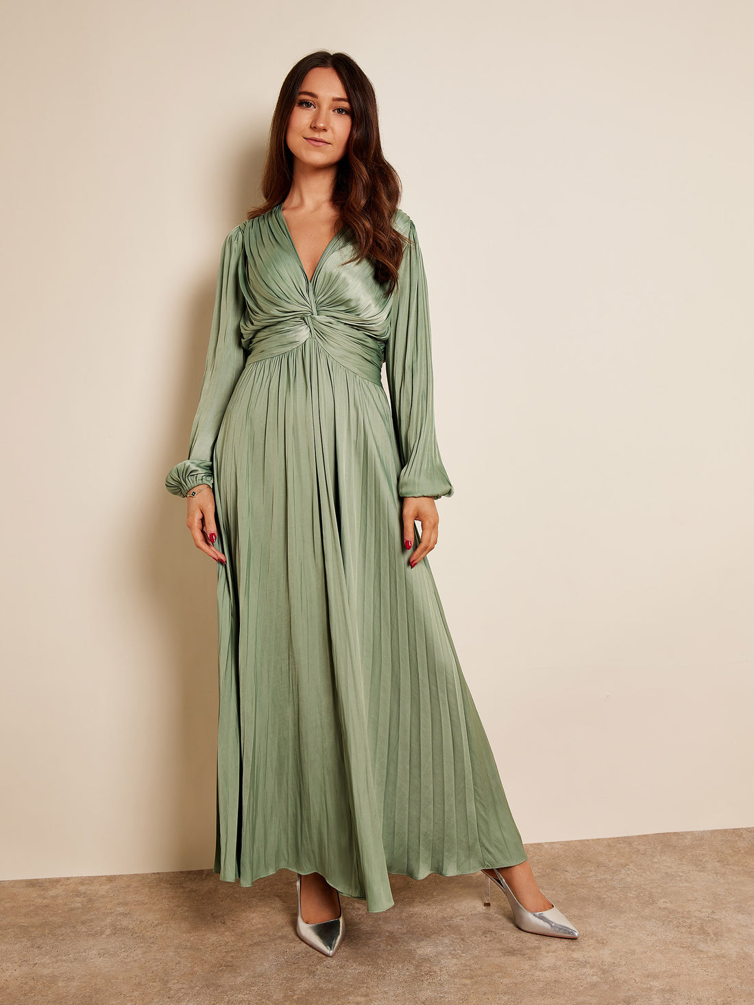 Wilma Pleated Satin V-Neck Sage Maxi Dress