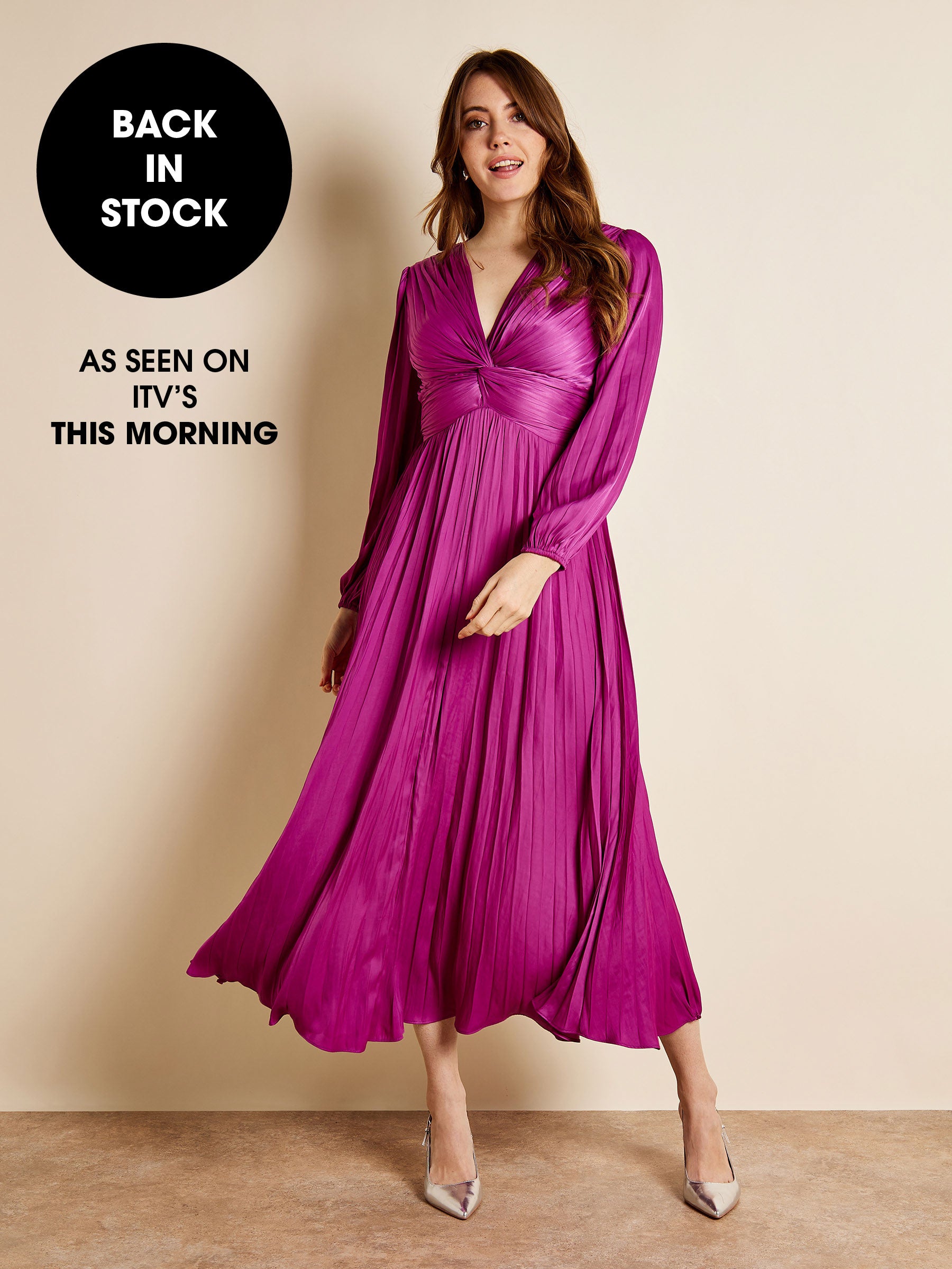 Wilma Pleated Satin V-Neck Purple Maxi Dress | GWD Fashion