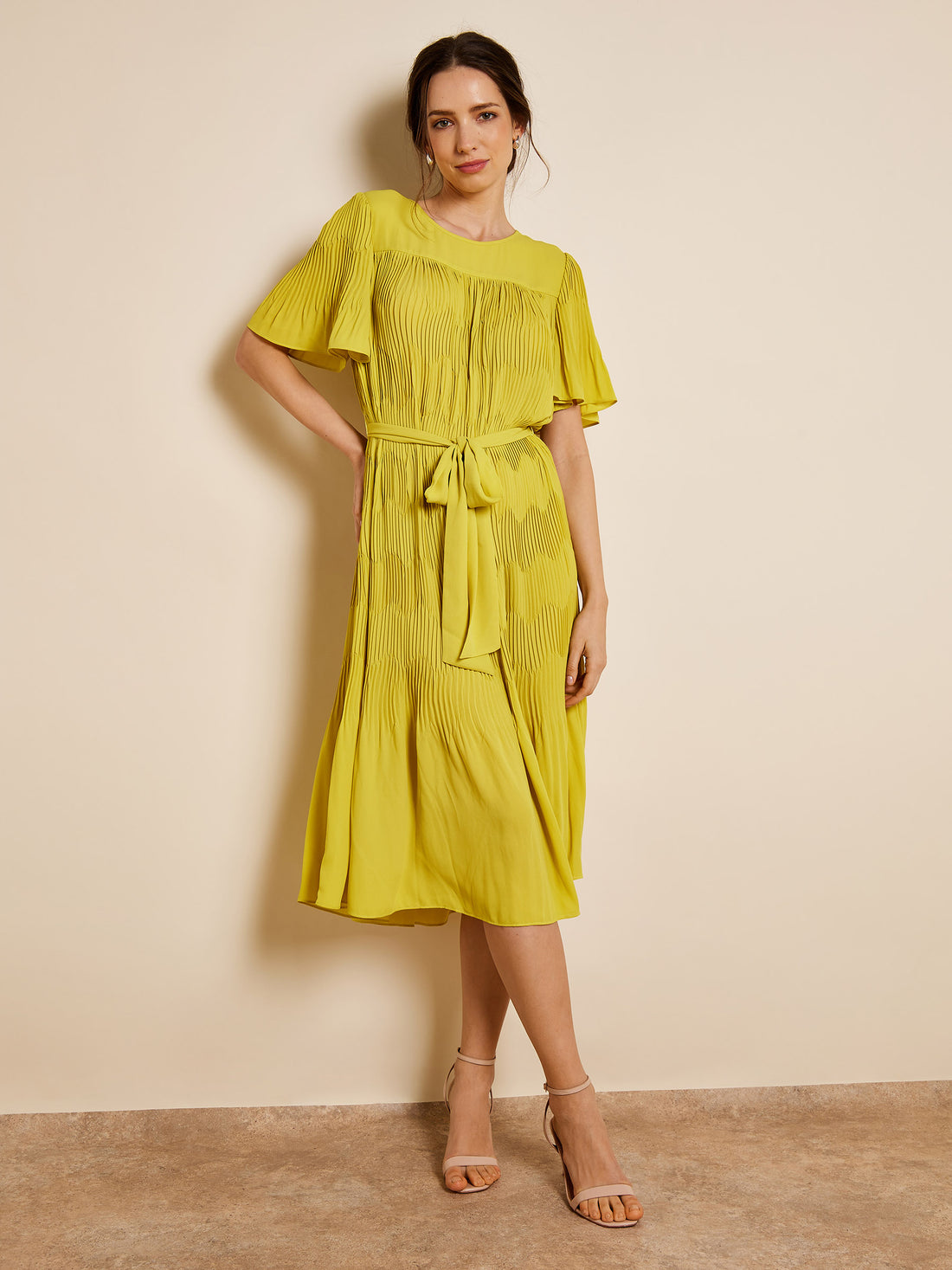 Isla Pleated Chiffon Lime Midi Dress