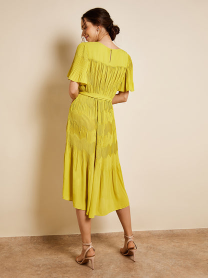 Isla Pleated Chiffon Lime Midi Dress