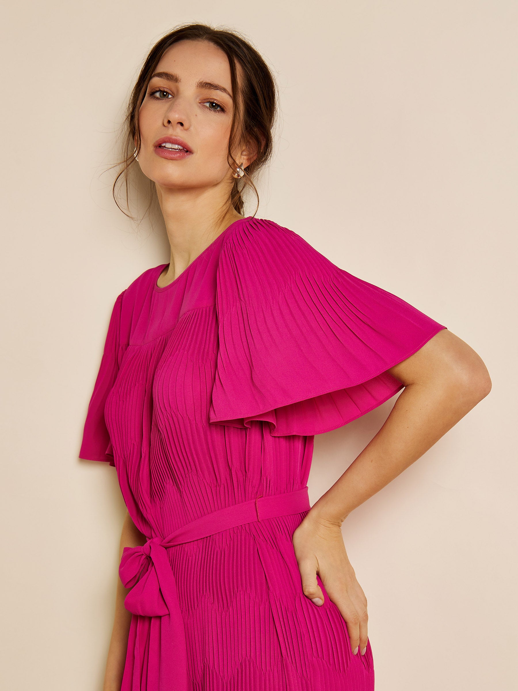 Isla Pleated Chiffon Pink Midi Dress