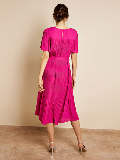 Isla Pleated Chiffon Pink Midi Dress