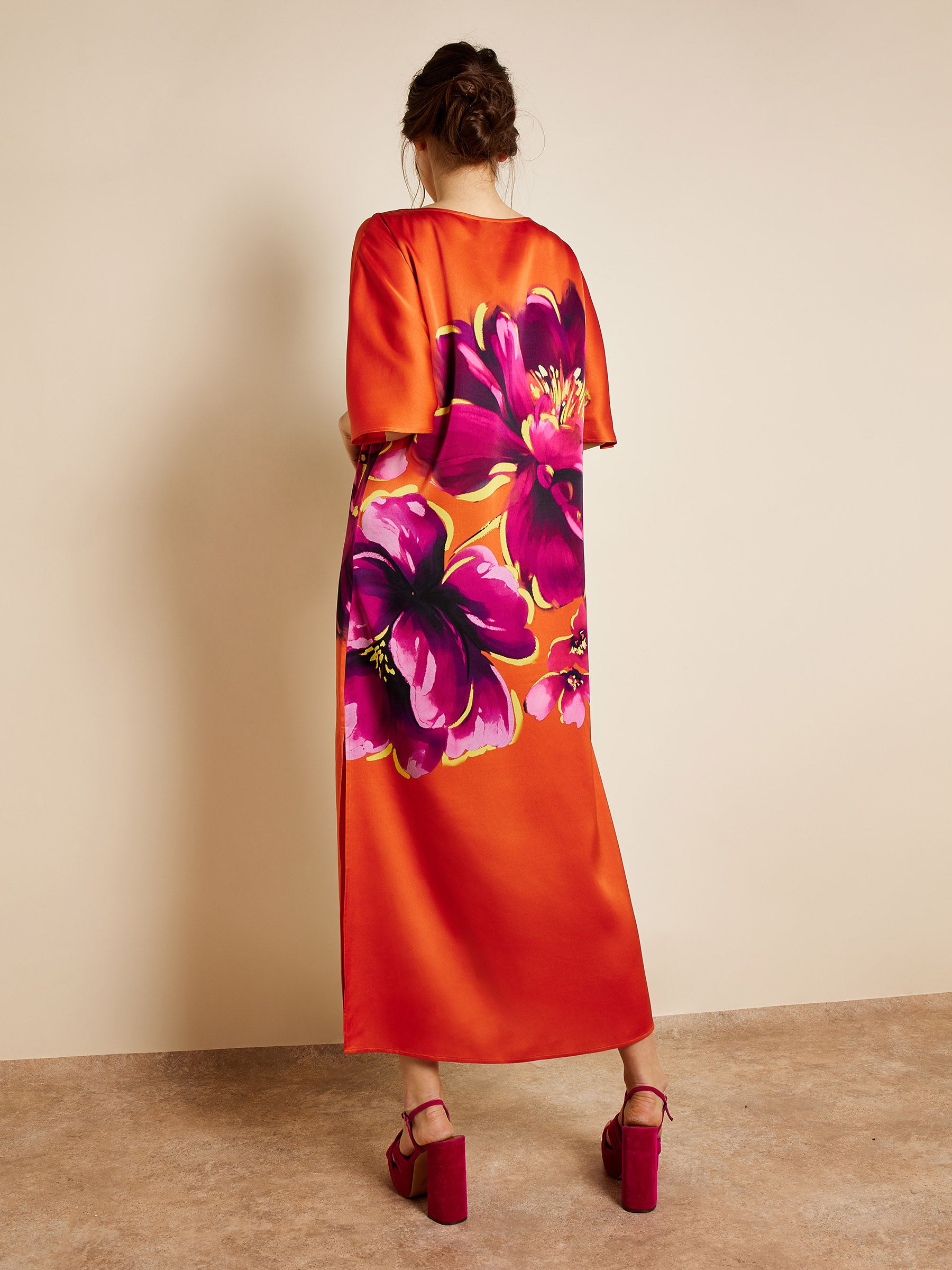 GWD Tropicana Orange Floral Printed Satin Kaftan